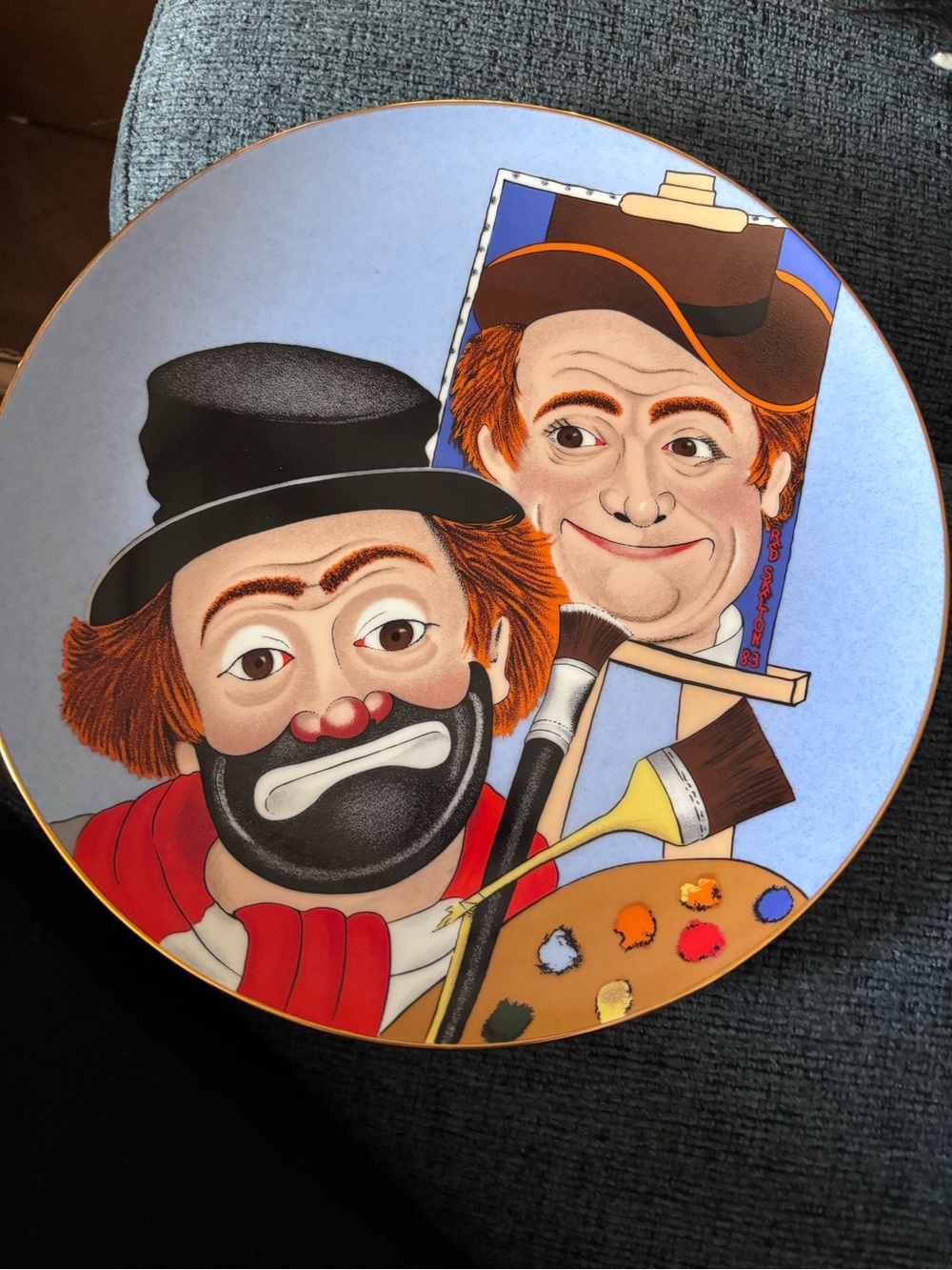 Whimsical Clown Artist Decorative Wall Plate in Light Blue and Multicolor